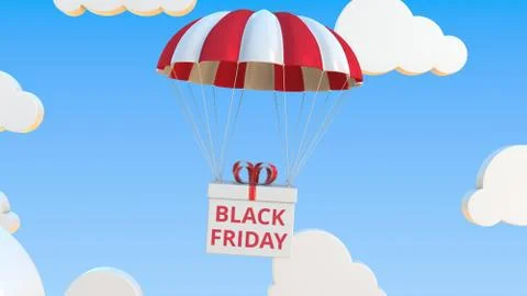 Box with BLACK FRIDAY text falls with a parachute. Conceptual 3D rendering Illustrazione stock
