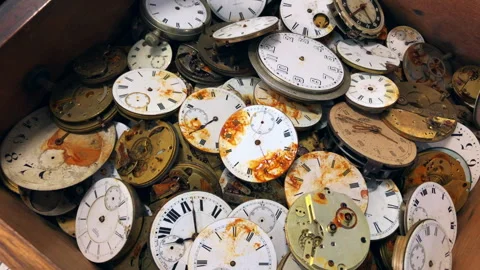 A box of broken old vintage pocket and wrist watches. 4k, static shot. Stock Footage 284673047