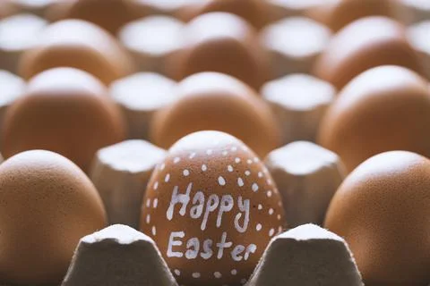 Box of brown eggs with hand painted easter egg, Happy Easter. Stock Photos
