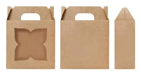 Box Brown Window cut out Packaging Template Empty gift carton kraft cardboard Stock Photos