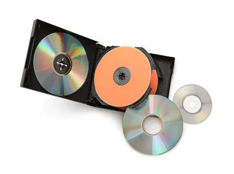 Box with CD disks on white background Stock Photos