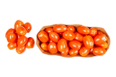 Box of cherry tomato Isolated on white background. Top view. Fresh cherry tom Stock Photos