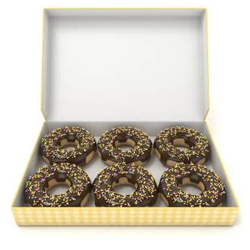 Box of chocolate donuts. Front view. 3D イラスト素材