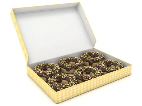 Box of chocolate donuts. Side view. 3D Stock Illustration