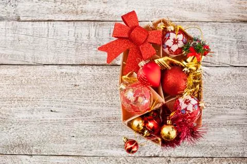Box with christmas decorations Stock Photos