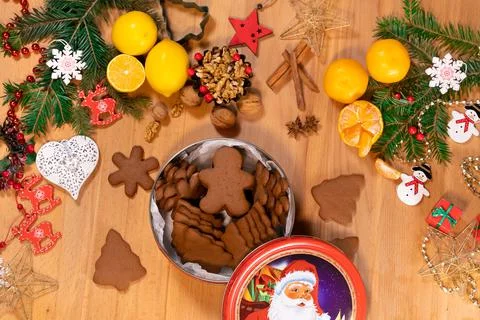 Box with Christmas gingerbread on the table, top view Stock Photos
