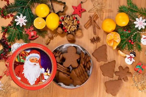 Box with Christmas gingerbread on the table, top view Stock Photos