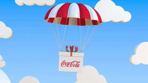Box with Coca-Cola logo falls with a parachute. Editorial loopable 3D animation Stock Footage 122766564