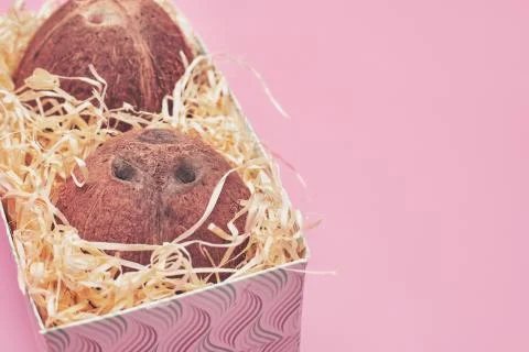 In a box coconut on a pink background isolate, copyspace Stock Photos