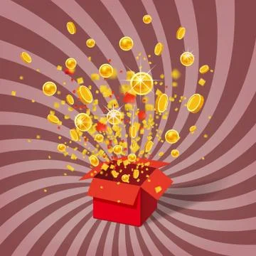 Box With Coins Exploision, Blast. Open Red Gift Box and Confetti. Win, casino Stock Illustration