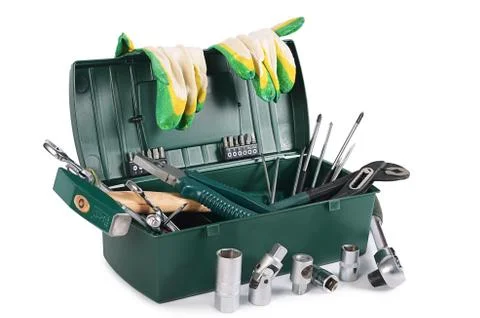 Box with construction tools isolated Stock Photos