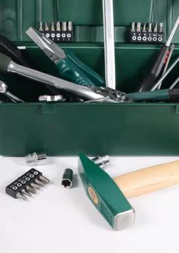 Box with construction tools isolated Stock Photos