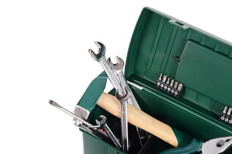 Box with construction tools isolated Stock Photos