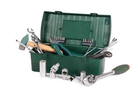 Box with construction tools isolated Stock Photos