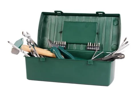 Box with construction tools isolated Stock Photos