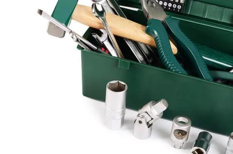 Box with construction tools isolated Foto stock