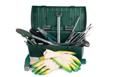 Box with construction tools isolated Stock Photos