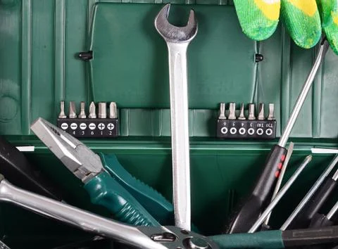 Box with construction tools isolated Stock Photos