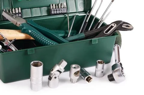 Box with construction tools isolated Stock Photos