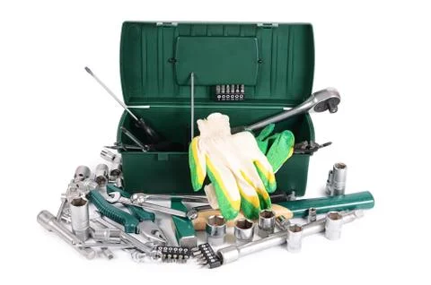 Box with construction tools isolated Stock Photos
