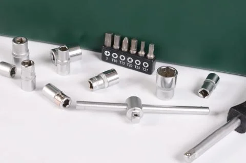 Box with construction tools isolated Stock Photos