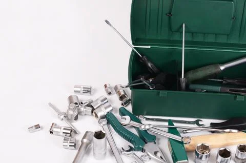 Box with construction tools isolated Stock Photos