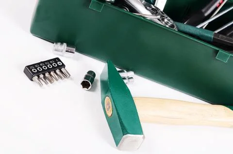 Box with construction tools isolated Stock Photos