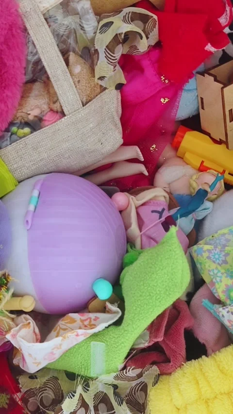 Box container with different child toys. Toys and crafts organized in a box. Stock-Footage 324727926