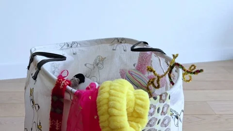 Box container with different child toys. Children room. 스톡 동영상 345701439
