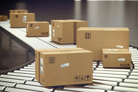Box on conveyor roller. 3D Rendering Stock Illustration