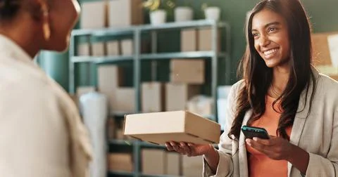 Box, customer and pos machine with happy woman for payment, small business .. Stock Photos
