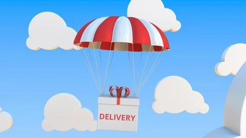 Box with DELIVERY text falls with a parachute. Loopable conceptual 3D animation Stock Footage 123149475