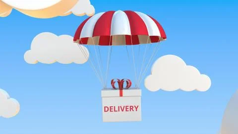 Box with DELIVERY text falls with a parachute. Conceptual 3D rendering Stock Illustration