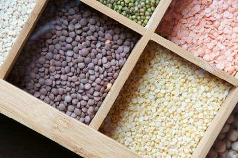 A box of different kinds of lentils Stock Photos