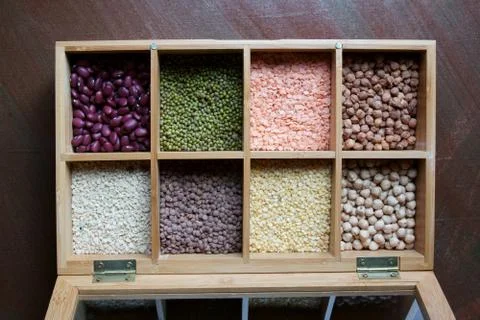 A box of different kinds of lentils Stock Photos