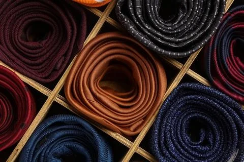 Box with different stylish ties as background Stock Photos
