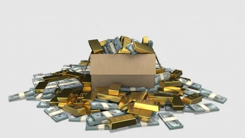 Box with dollars and gold bars - 3d render with alpha channel. Stock Footage 237356750