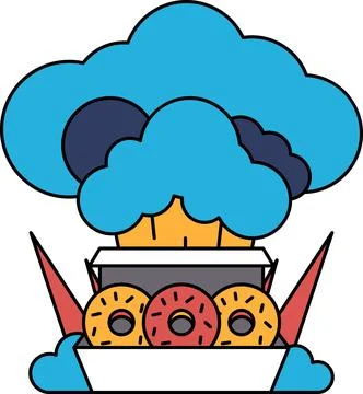 A box of donuts is shown with a cloud of smoke coming out of it Stock Illustration