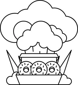 A box of donuts is shown with a cloud of smoke coming out of it Stock Illustration