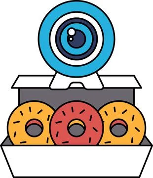A box of donuts sits on a table with a webcam on top of it Stock Illustration