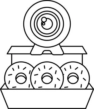 A box of donuts sits on a table with a webcam on top of it Stock Illustration