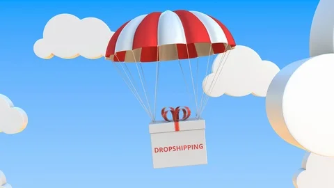 Box with DROPSHIPPING text falls with a parachute. Loopable conceptual 3D Stock Footage 123148986