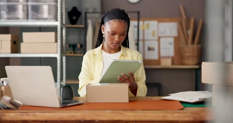Box, ecommerce and scan with black woman and tablet for supply chain, delivery Stock Footage 320642026