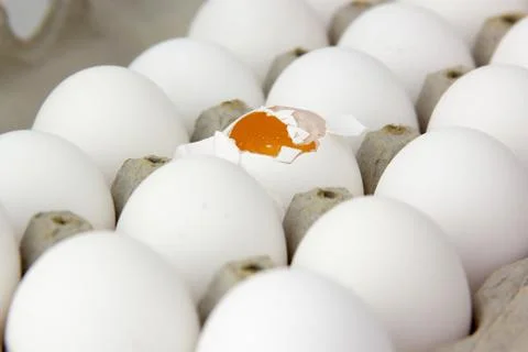 Box of eggs. one cracked. Stock Photos