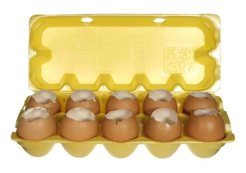 Box empty chicken eggs isolated on white background. Stock Photos