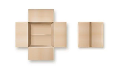 Box. Empty open and closed cardboard box. Realistic cardboard box mockup set Illustrazione stock