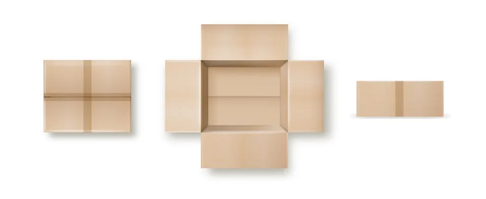 Box. Empty open and closed cardboard box. Realistic cardboard box mockup set Illustrazione stock
