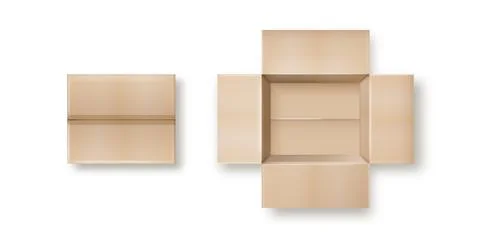 Box. Empty open and closed cardboard box. Realistic cardboard box mockup set Illustrazione stock