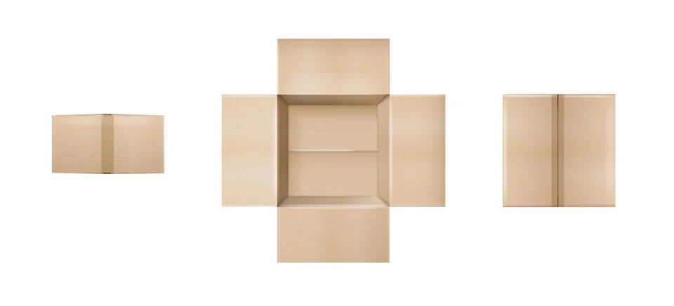 Box. Empty open and closed cardboard box. Realistic cardboard box mockup set Illustrazione stock