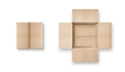 Box. Empty open and closed cardboard box. Realistic cardboard box mockup set Illustrazione stock